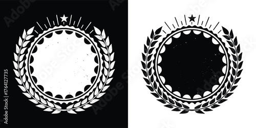 Circular laurel wreath emblem with starburst and ornate inner circle, presented in both positive and negative versions for versatility