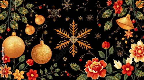 Holiday Background Luxury Gold, Ar Deco Geometric, and Dark Floral Christmas Texture_12