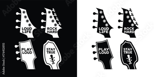 Collection of guitar headstock designs with rock music slogans like loud life and rock hard, isolated on white background