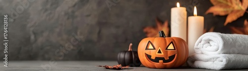 halloween Facials in a Halloween-themed spa with dark, cozy lighting and spooky decor, promoting relaxation with a festive twist, Halloween facials, Spa Holiday Experience