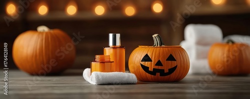 halloween Halloween-inspired facial treatment with pumpkin-scented products, in a dimly lit spa with soft eerie music, Pumpkin facial, Halloween Spa Luxury