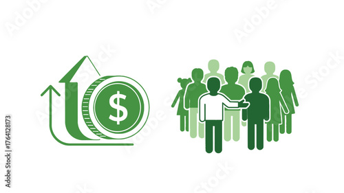 Green business growth illustration showing a coin with an upward arrow next to a crowd of people isolated on white background