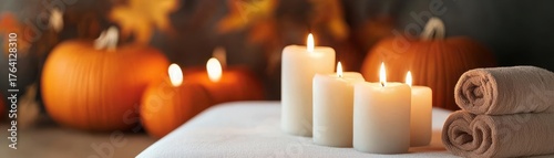 halloween Massage table surrounded by candles and pumpkins, soft eerie lighting creating a calming yet spooky Halloween spa experience, Halloween massage, Holiday Relaxation