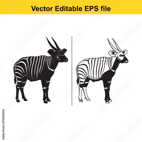 Vector art of two bongo antelopes, one a black silhouette and the other a detailed line drawing with stripes, presented side by side isolated on a