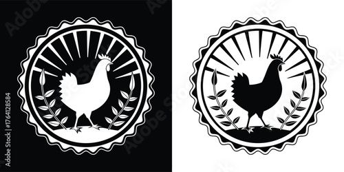 Chicken silhouette with sunburst and laurel wreath, black and white version isolated on white background