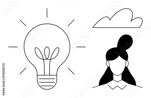 Light bulb with glowing lines, womans head in profile, abstract cloud. Ideal for creativity, innovation, brainstorming, ideas, personal growth vision minimalism. Simple flat metaphor
