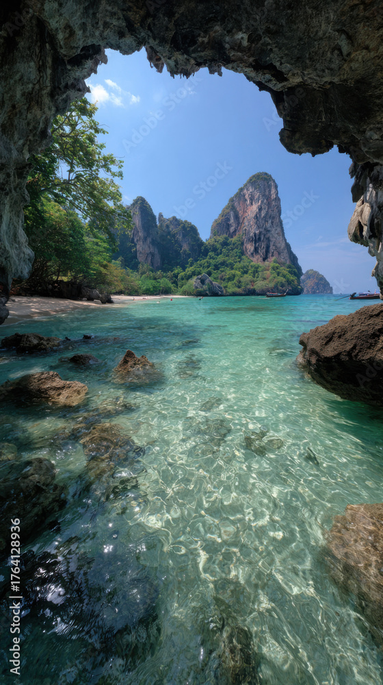 Naklejka premium Emerald Cove Sanctuary: A breathtaking coastal scene frames a turquoise ocean, embraced by a limestone rock formation creating a captivating, tranquil, and picturesque scenery.