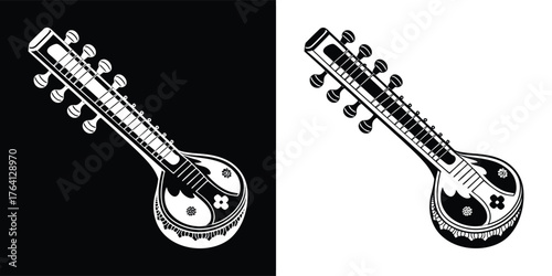 Black and white illustration of a sitar, a plucked stringed instrument, on a black and white background