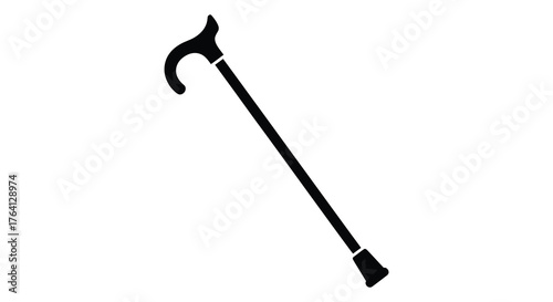 Elegant black silhouette of a classic walking cane with a curved handle and rubber tip