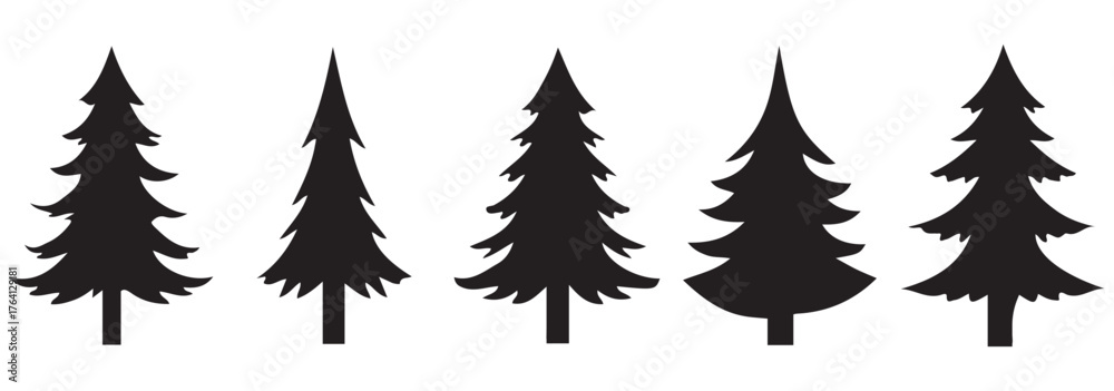 Fototapeta premium Set of Christmas tree vector black icon.Simple flat chriasmas tree collection .Pine tree.