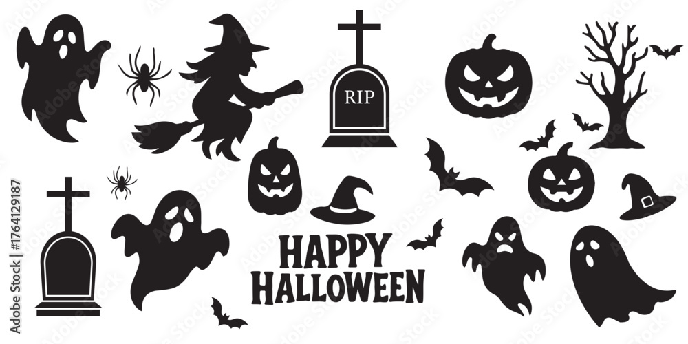 Fototapeta premium Spooky Halloween icon set featuring pumpkins, ghosts, bats, skulls, and witches in flat modern style. Perfect for party invitations, posters, web, and seasonal designs. High-quality vector Eps 10.