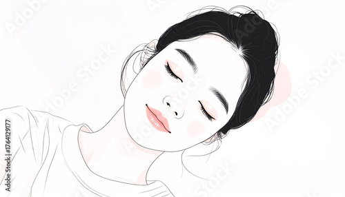目を閉じて眠る若い女性のシンプルなイラスト、睡眠イメージの線画、生成ai画像 