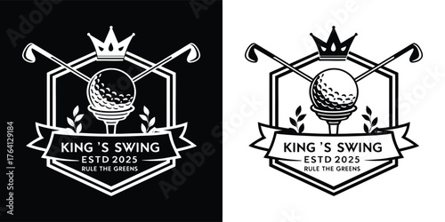 Kings swing golf club logo with crown and crossed clubs, vintage emblem design, isolated on white background