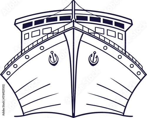 Big Ship Outline Design Set. Large Cargo Ship Line Art Illustration. Marine Vessel and Transportation Outline Design. Big Ocean Ship Drawing in Outline Style. Commercial Ship and Sea Transport
