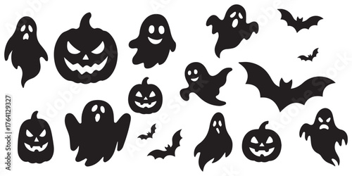 Halloween haunted house silhouette with bats and pumpkins. A big bundle of halloween haunted house silhouette set. vector illustration perfect for halloween project.Collection of halloween bats Eps 10