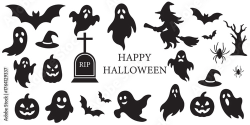 Halloween ghosts set line art silhouette vector illustration. Demon silhouettes set, evil pack of vector silhouette design. set of Halloween icon silhouette vector. Halloween Icon Set  Spooky & Horror