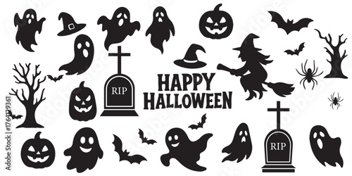 Halloween Icon Set  Spooky & Horror Elements. Creative Halloween icon set with witch hats, spiders, haunted houses, and pumpkins. Ideal for digital art, social media, and festive designs vector.