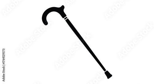 Classic elegant black silhouette of a walking cane with a curved handle and rubber tip on a white background