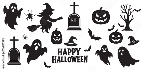 Spooky Halloween icon set featuring pumpkins, ghosts, bats, skulls, and witches in flat modern style. Perfect for party invitations, posters, web, and seasonal designs. High-quality vector Eps 10.