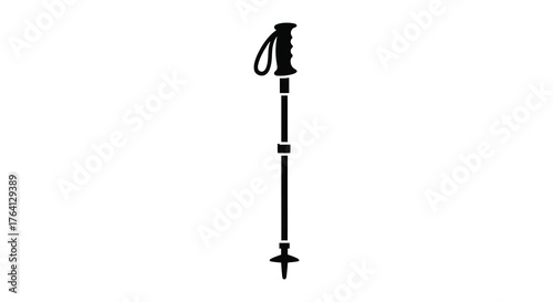 A single adjustable trekking pole with a strap and pointed tip shown in a stark black silhouette against a white background silhouette