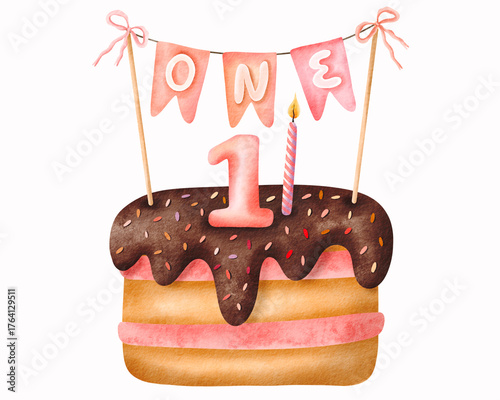 First birthday cake watercolor illustration, pink chocolate cake with candle and bunting ONE for baby girl party decoration. Hand drawn Illustrations
