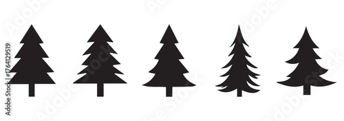 Stylized Holiday Pine Tree Icon Set in Black with Star Decorations, Unique Christmas Tree Icon Bundle in Solid Black Vector Illustration