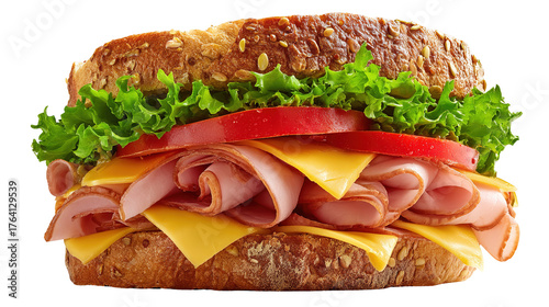 Delicious grilled chicken sandwich recipe with fresh arugula tomato and onion on toasted bread recipe on transparent background