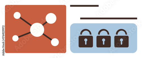 Connected nodes representing networks and three locked padlocks symbolizing secured data. Ideal for cybersecurity, data protection, encryption, technology, networking, privacy, online safety. Simple