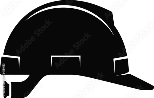 Construction hard hat silhouette, black safety helmet icon, industrial protective gear, workplace safety equipment, engineering symbol, neck guard, chin strap