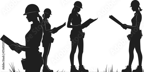 Female construction workers, blueprint planning, teamwork, safety helmets, engineering professionals, silhouette illustration, site inspection, utility belts, boots, architecture, field work
