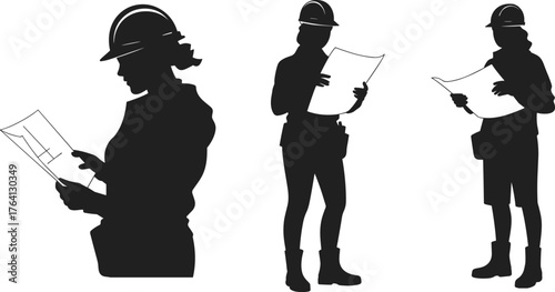 Construction workers, teamwork, blueprint planning, engineering professionals, site inspection, safety helmets, architecture, collaboration, infrastructure, project management, silhouette, industrial