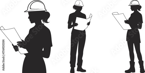 Silhouettes of engineers, architects, construction professionals, hard hats, blueprint review, planning, safety, teamwork, site inspection, technical roles, infrastructure, building, project