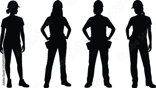 Silhouette of four female construction workers standing confidently, wearing safety helmets, symbolizing women empowerment, teamwork, equality, industry, and professional labor force