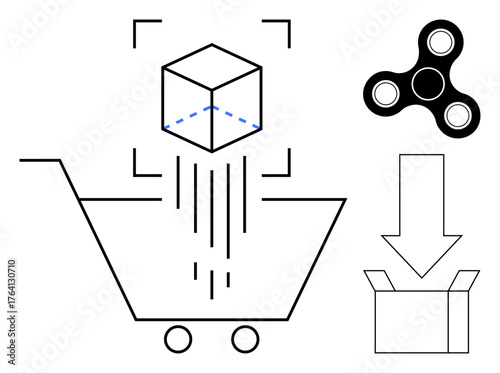 Shopping cart beneath a falling cube with scanning lines, fidget spinner, download arrow, and package box. Ideal for e-commerce, retail, technology, innovation, packaging product delivery