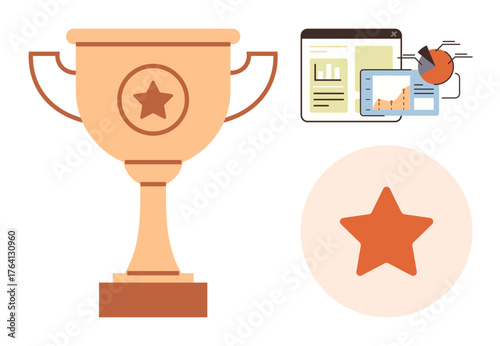 Trophy emphasizing recognition, data dashboard with graphs and charts, and star symbolizing excellence. Ideal for achievement, success, competition, analysis, goal-setting, business motivation