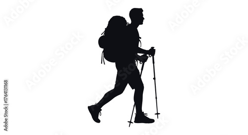 Two hikers with backpacks and trekking poles walking together in a striking black silhouette against a white background silhouette
