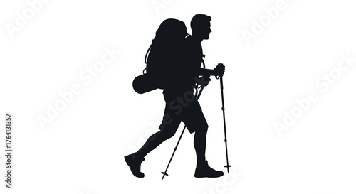A lone hiker with a large backpack and trekking poles walks purposefully across a white background silhouette