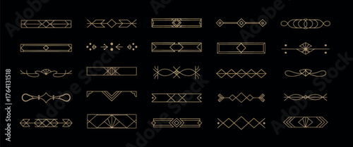 Art Deco Gold Dividers Vector Set, Vintage 1920s Ornamental Borders, Retro Geometric Line Decorations, Elegant Page and Header Design Elements