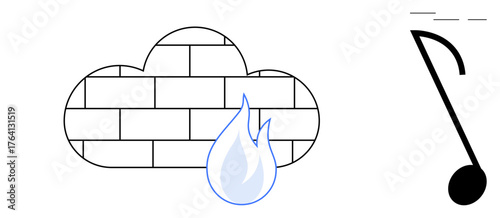 Brick cloud design with blue flame and a solitary music note alongside. Ideal for cybersecurity, dual meanings, contrast, protection, technology, creativity, and abstract art as a simple flat