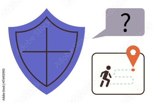 Blue shield with cross symbolizes safety, speech bubble with question mark for doubt resolution, and navigation icon for direction. Ideal for security, guidance, inquiry, support, navigation