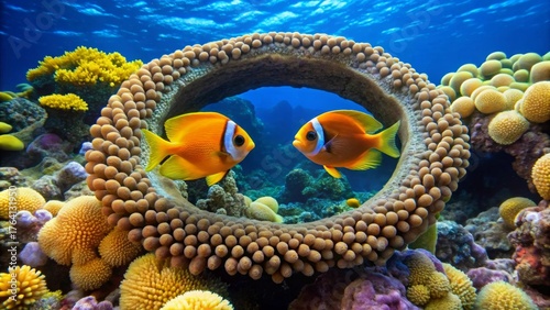 Vibrant Reef Fish Gaze Through Coral Archway, a Stunning Underwater Scene of Oceanic Life