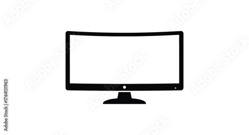 A simple black silhouette of a modern computer monitor with a blank white screen and a stand on a white background
