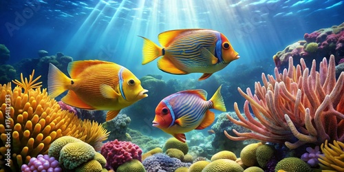 Vibrant Reef Scene Featuring Three Colorful Fish Amidst Lush Coral and Sunlight