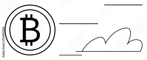 Bitcoin symbol with abstract cloud and kinetic lines implying movement, growth, and digital progress. Ideal for cryptocurrency, fintech, blockchain, virtual payments, innovation, economy simple flat