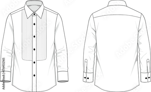 Men's dress shirt technical sketch, front and back view, formal shirt illustration, tuxedo pleats, fashion template, garment flat drawing