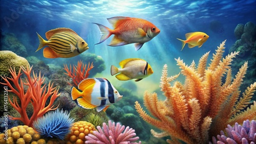Vibrant Reef Scene Featuring a Diverse Array of Colorful Fish and Lush Coral Formations