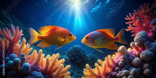 Radiant Reef Fish Encounter A Serene Underwater Scene Featuring Vibrant Coral and Two Golden Fish