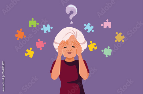 Confused Senior Woman Suffering Degenerative Cognitive Disease Vector Illustration. Elderly person suffering memory lapses more and more frequently
