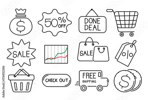 Outline vector icons including sale signs, free shipping, discount tags, and shopping carts. Great for online shop graphics, business ads, and marketing template designs.