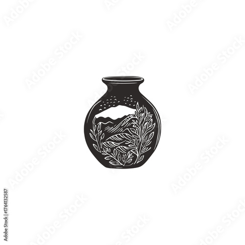 illustration featuring a terrarium or vase design with mountains, waves, and leaves
